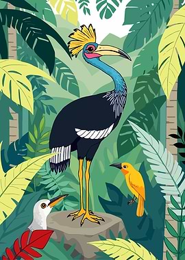 Tropical Birds in Lush Jungle Illustration