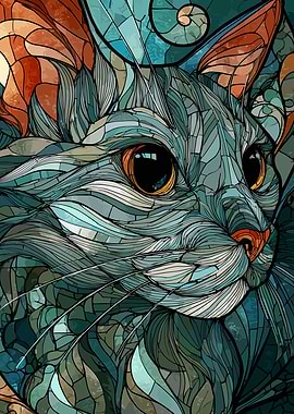 Abstract Cat Portrait in Teal and Orange