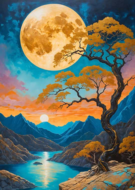 Golden Moon Over Mountain Lake