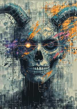 Cyberpunk Skull with Horns Digital Art
