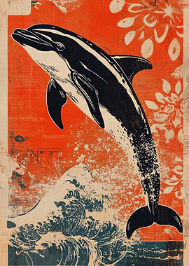 Dolphin Leaping Vintage Style Art