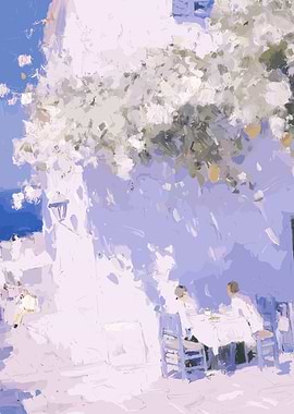 Outdoor Cafe Painting with White Flowers