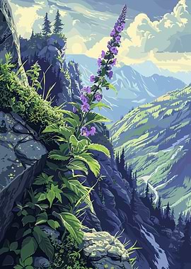 Mountain Landscape with Purple Flower