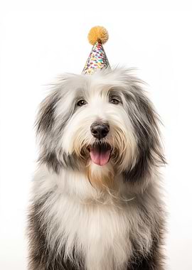 Old English Sheepdog with Party Hat