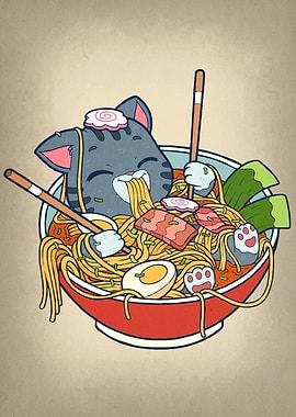 Cat Eating Ramen Japanese