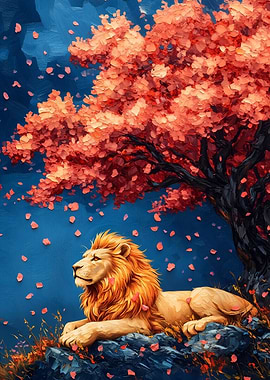 Lion Resting Under Cherry Blossom Tree