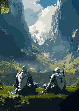 Knights Contemplating Mountainous Landscape