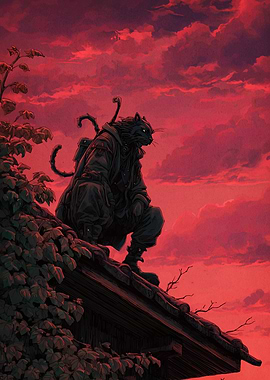 Anthropomorphic Cat Ninja on Rooftop