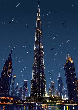 Dubai Skyline at Night with Shooting Stars