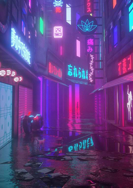 Neon Cyberpunk Cityscape with Reflections