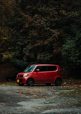 Red Car in Forest Setting