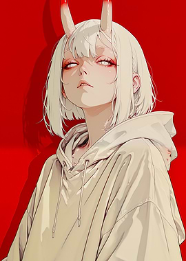 Anime Girl with Horns in Hoodie