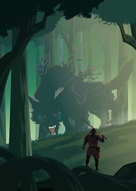 Samurai Confronts Forest Spirit Wolf