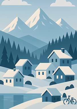 Winter Village Landscape with Mountains