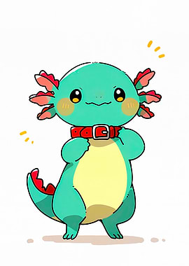 Cute Cartoon Axolotl with Red Collar