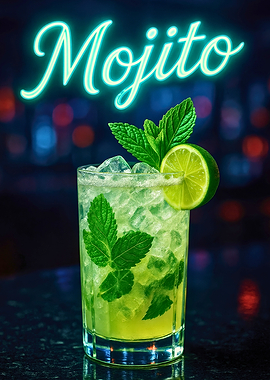 Mojito cocktail with mint and lime garnish in neon-lit glass with crushed ice