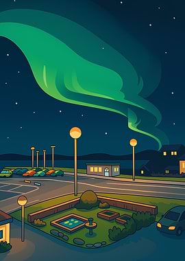 Night Sky Aurora Borealis Cartoon Scene