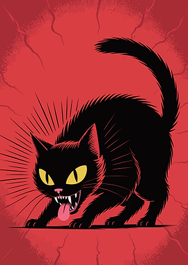 Angry Black Cat Illustration on Red