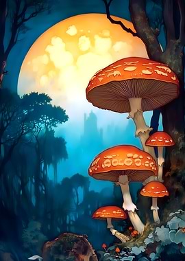 Fantasy Mushroom Forest with Moon
