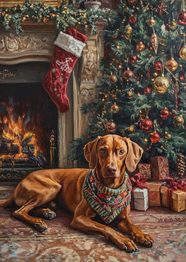 Christmas Dog by Fireplace Painting | Vizsla Dog with Stocking