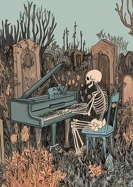 Skeleton playing piano in graveyard art