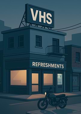 VHS Storefront at Night with Motorcycle