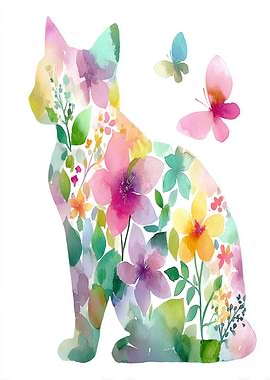 Floral Cat Watercolor with Butterflies