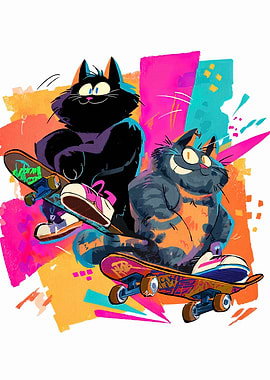 Skateboarding Cats with Colorful Background