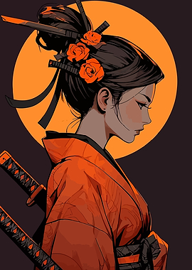 Samurai Woman with Orange Flowers