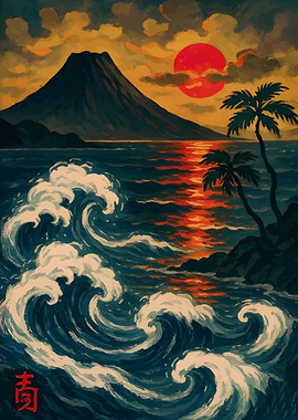 Tropical Island Sunset with Mountain and Waves