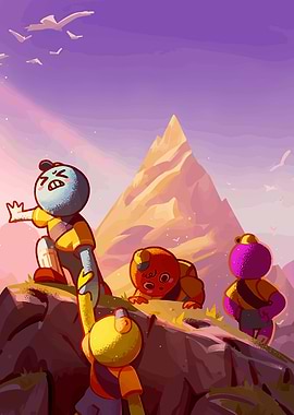 Cartoon Characters Climbing a Mountain