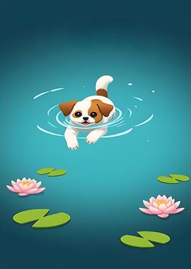 Cartoon Dog Swimming in a Pond