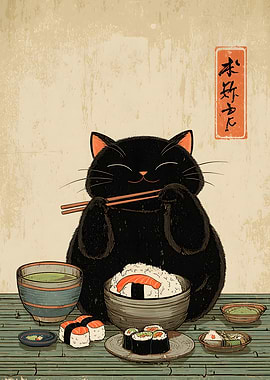 Black Cat Enjoying Sushi Feast
