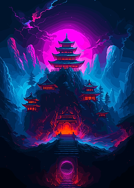Neon Japanese Temple Landscape