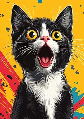 Surprised Black and White Cat Portrait