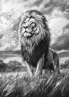 Lion in Grayscale Pencil Drawing