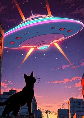 Cat watches UFO city