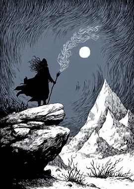 Wizard on Mountain Peak at Night