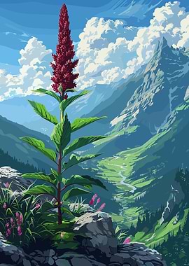 Mountain Landscape with Red Flower