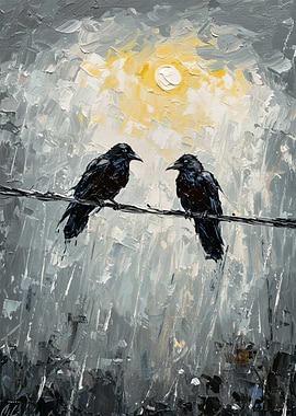 Two Ravens on a Wire Painting