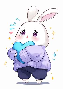 Crying Bunny Holding Blue Heart