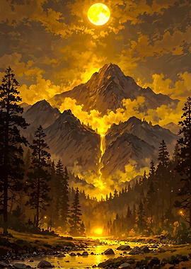 Golden Mountain Landscape with Waterfall