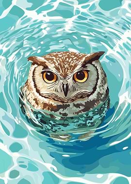Owl Swimming in Blue Water