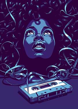 Woman, Cassette Tape, and Flowing Ribbon