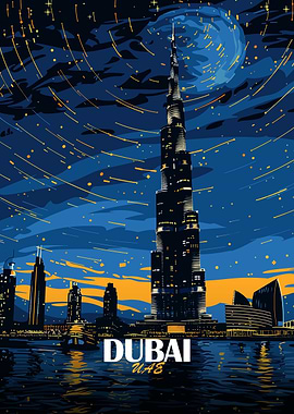 Dubai Skyline at Night Art