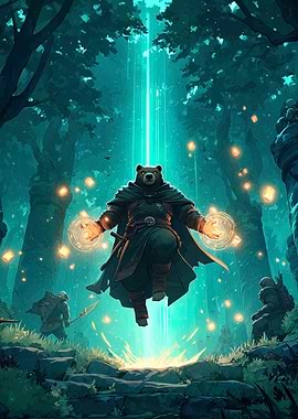 Mystical Bear Mage in Forest Scene