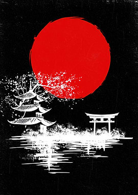 Japanese Landscape with Pagoda and Torii