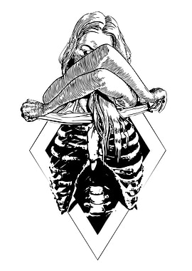 Woman and Skeleton Ink Drawing