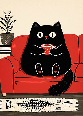 Black Cat with Coffee on Couch