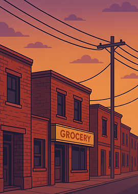 Cartoon Grocery Store at Sunset